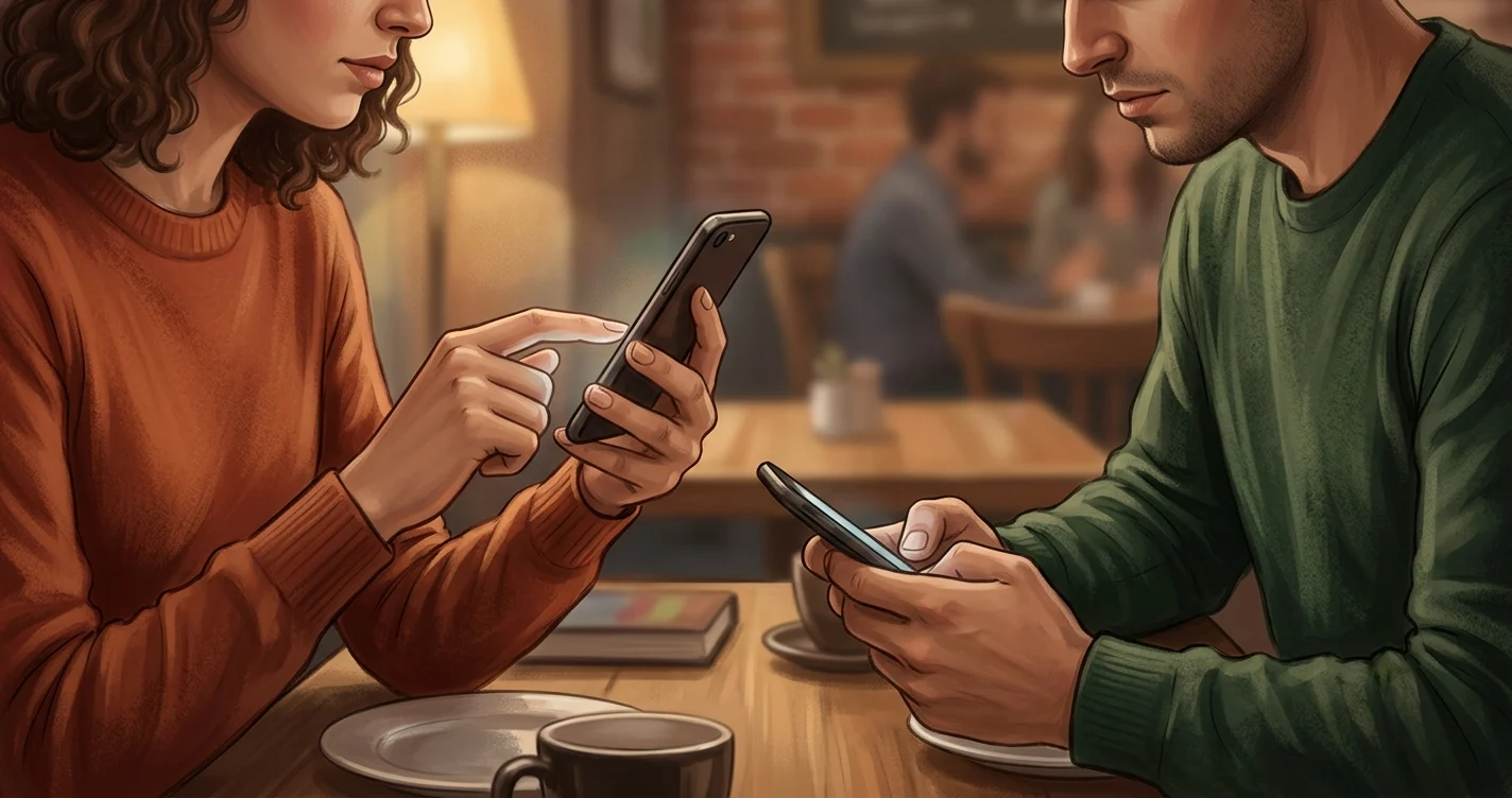 Two people sitting together but each looking at separate phones, disconnected despite being physically close