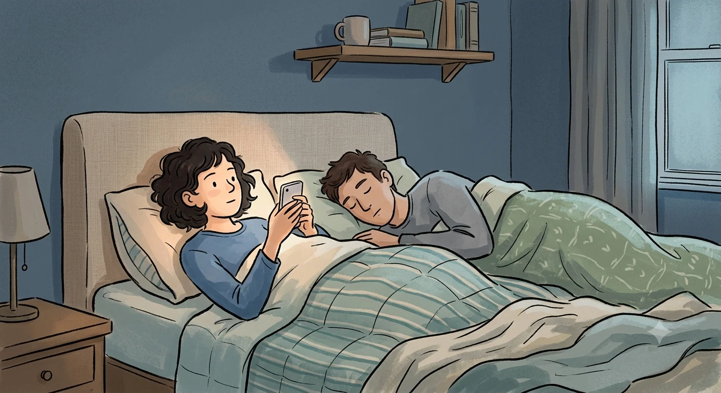 A couple lying in bed, one person awake scrolling their phone while the other sleeps