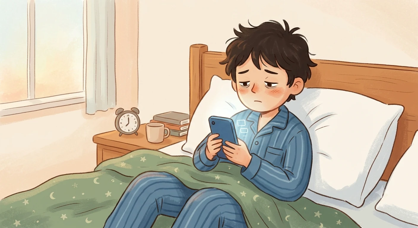 Person checking phone in bed first thing in the morning, looking tired