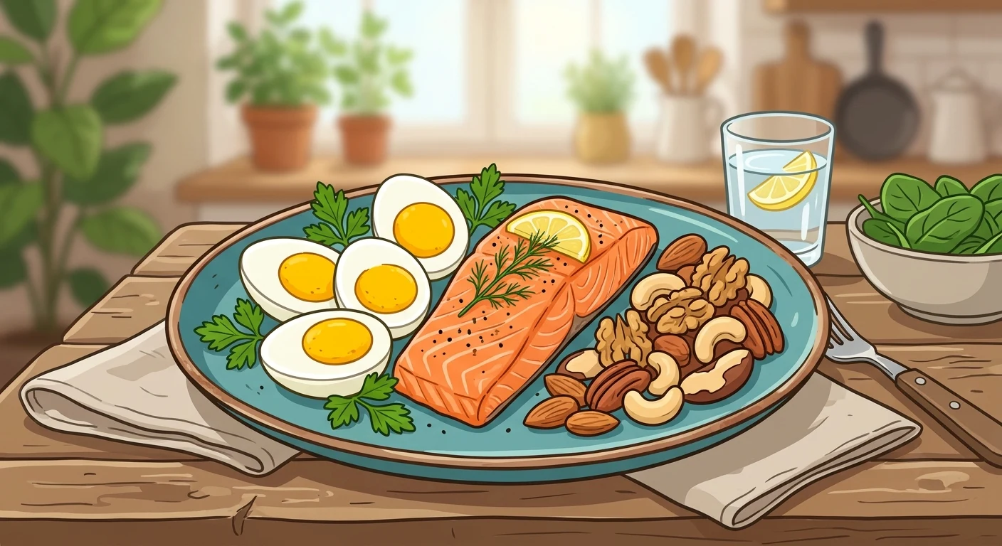 Plate of protein-rich foods including eggs, fish, and nuts for dopamine production