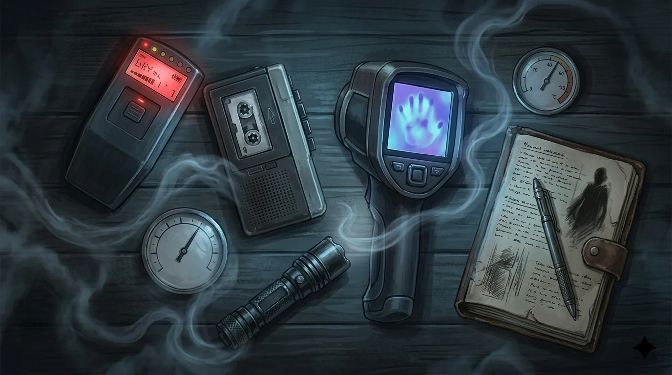 Collage of ghost-hunting equipment including an EMF meter, audio recorder, thermal camera, and notebook