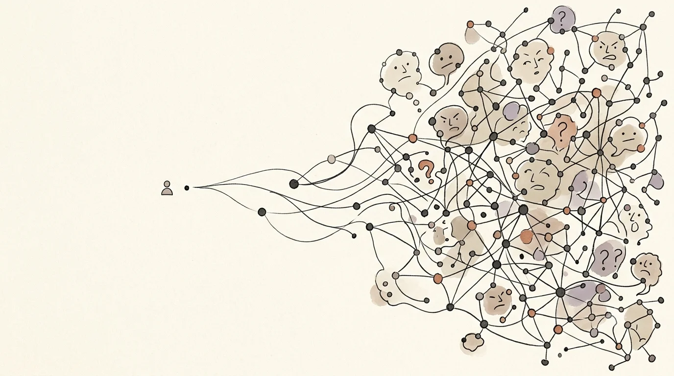 A minimalist conceptual image contrasting one small dot with a large, sprawling constellation drawn from it, representing a small action turned into a big story